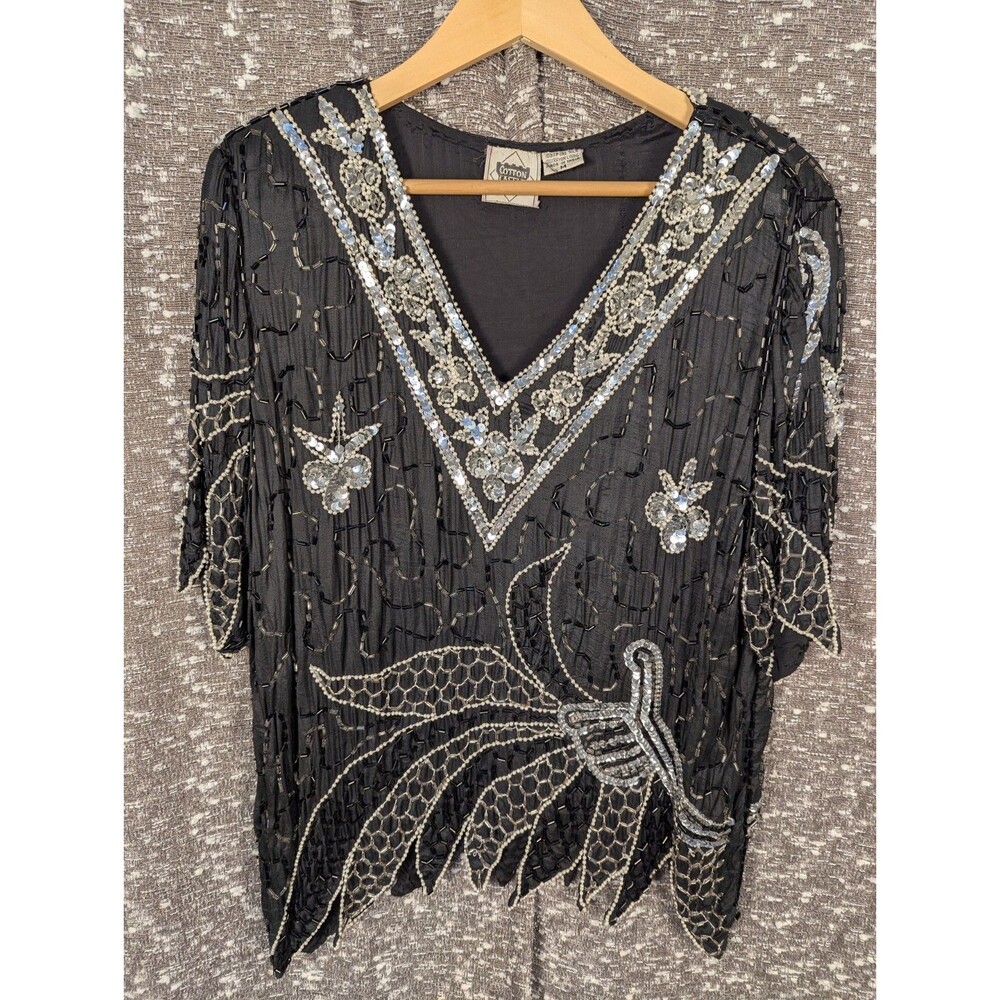 Vintage Cotton Castle Silk Beaded Black Blouse Women's Medium‎
